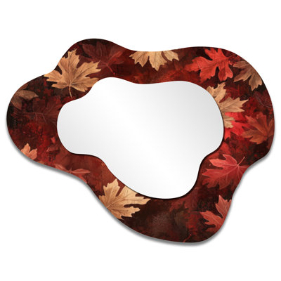 Red Falling Maple Leaves I - Leaves Asymmetrical Wall Mirror, Traditional Vanity Mirror, Printed on Metal