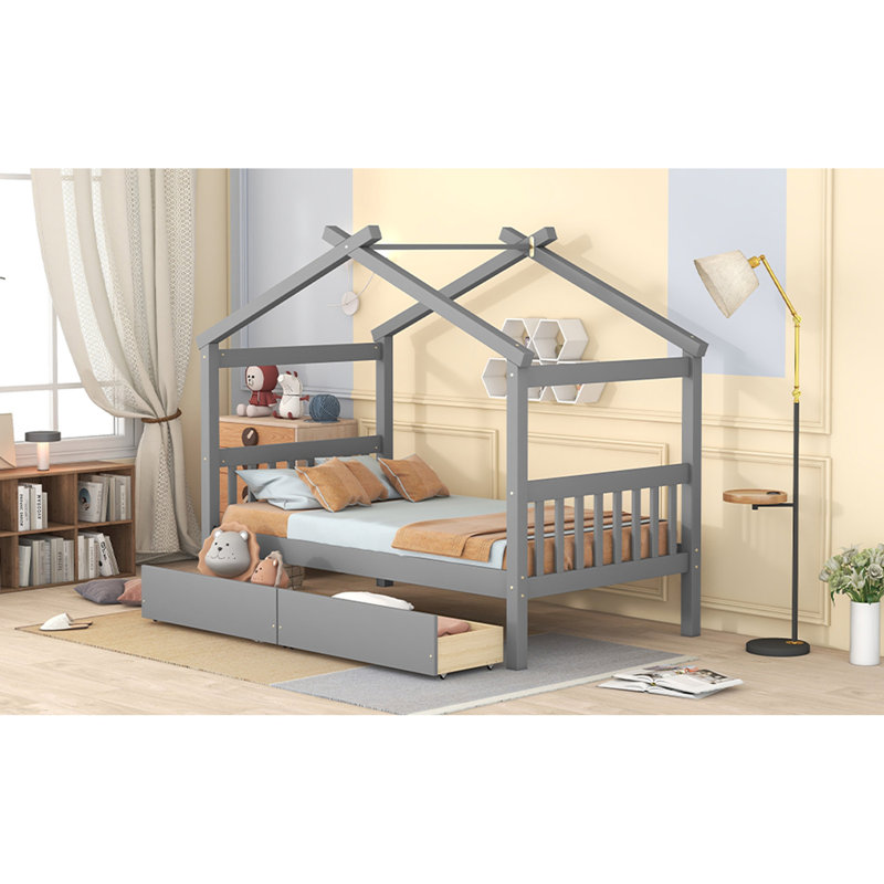 Lit simple en bois avec tiroirs, Gris