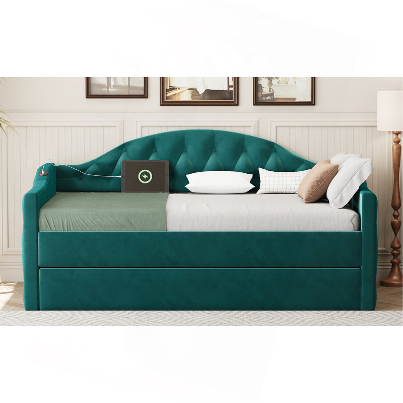 Lit de jour simple rembourré capitonné avec couchette, canapé-lit en velours avec ports USB et ports de charge de type C, aucun sommier nécessaire