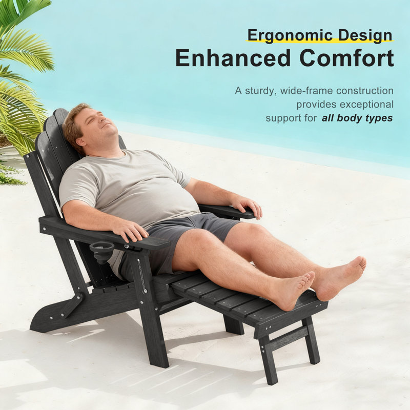 HDPE Foldable Outdoor Adirondack Chair 3-Postion Adjustable with Retractable Ottoman & All-Weather Outdoor Chair for Garden, Lawn & Porch