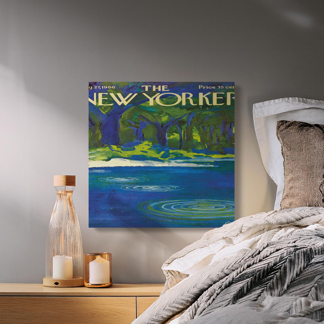 Vintage Impressionist Lake Scene Canvas Wall Art, Mid Century Modern Abstract Forest Painting, Vibrant Blue Green Nature Decor