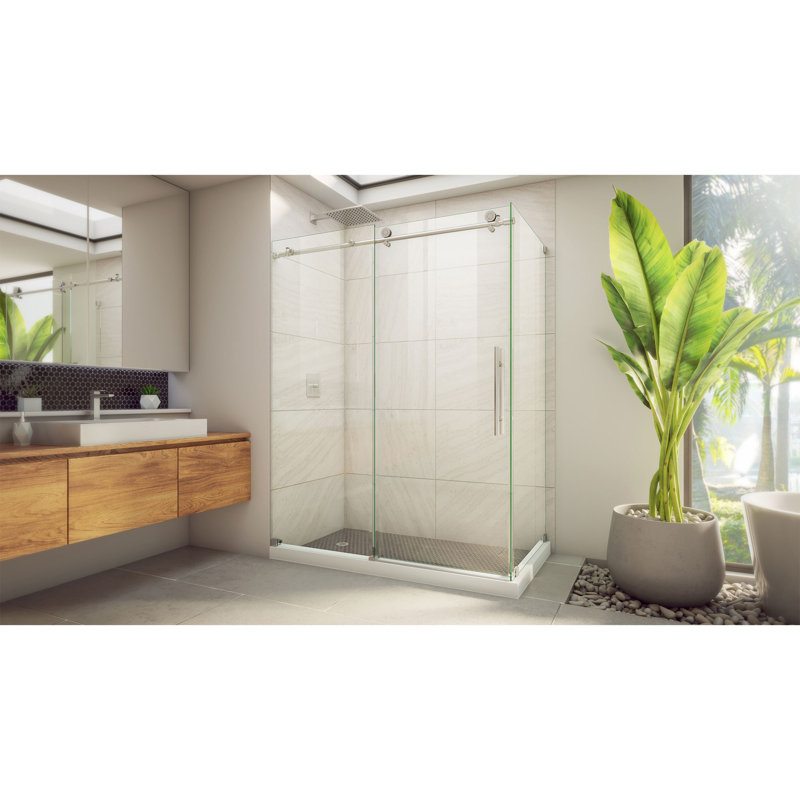 60.38" W x 32.5" D x 76" H Frameless Rectangle Sliding Shower Enclosure, Brushed Stainless Steel