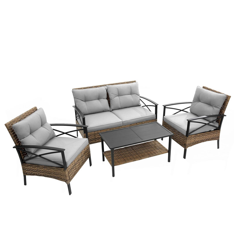 Ensemble de conversation de patio modulaire 4 pièces avec ensemble de conversation en rotin et osier KD, Gris