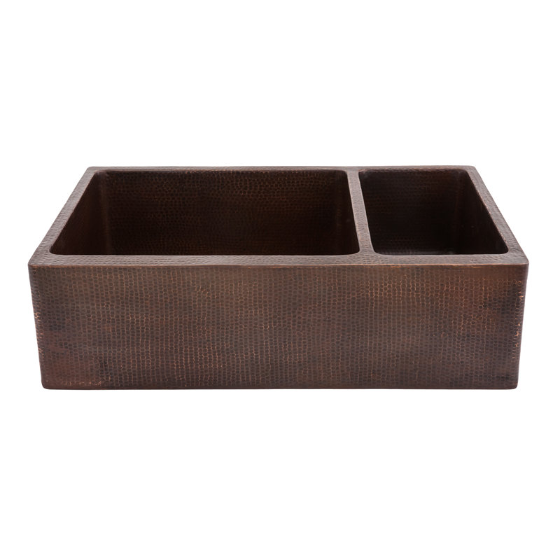 33" Hammered Copper Kitchen Apron 75/25 Double Basin Sink with Matching Drains, and Accessories