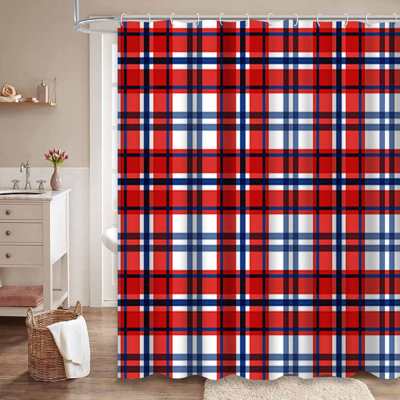 Plaid Tartan Blue Buffalo Check White Shower Curtain with 12 Hooks
