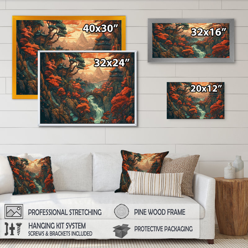 Ryilee " Cascading Japenese Maple Trees I " Print, 16" H x 32" W x 1" D, Wrapped Canvas