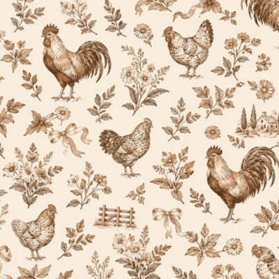 Peel and Stick Wallpaper Vintage Rooster Chicken bow Floral Rustic Farmhouse leaf retro brown Contact Paper Removable Self Adhesive Wall Mural Wall Decor for Bedroom Kitchen Cabinets 24in x 118in