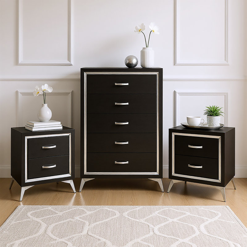 Ensemble de chambre à coucher en bois 3 pièces avec commode et 2 tables de chevet Maxo, noir, Noir / argenté