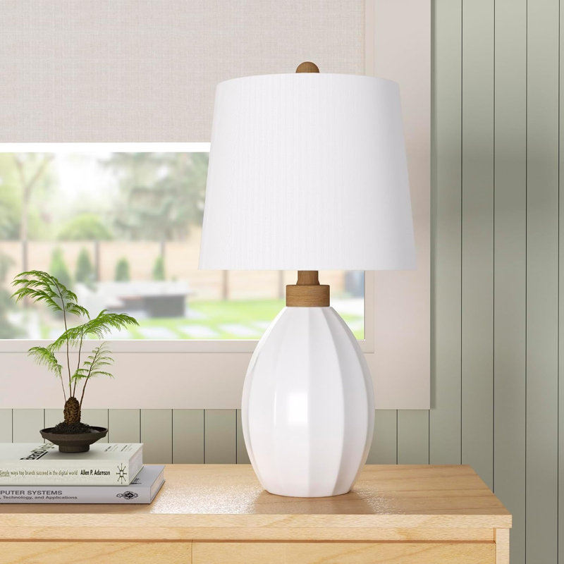 Lampe de table moderne en céramique blanche de 60 cm avec abat-jour en lin pour chambre ou salon