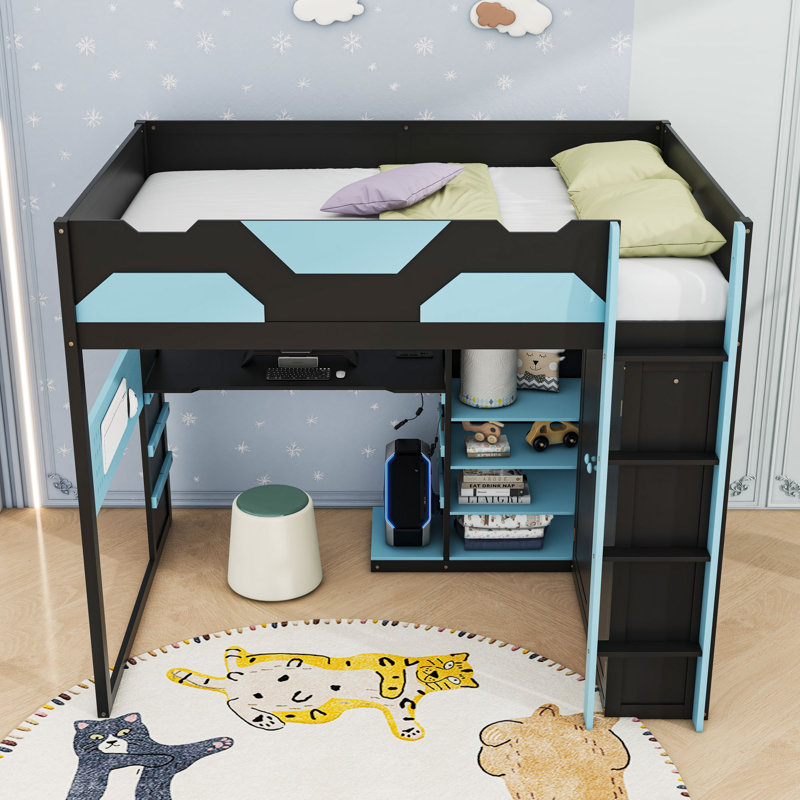 Full Wood Loft Bed with USB Charging, Pegboard and Storage, Cloud Blue