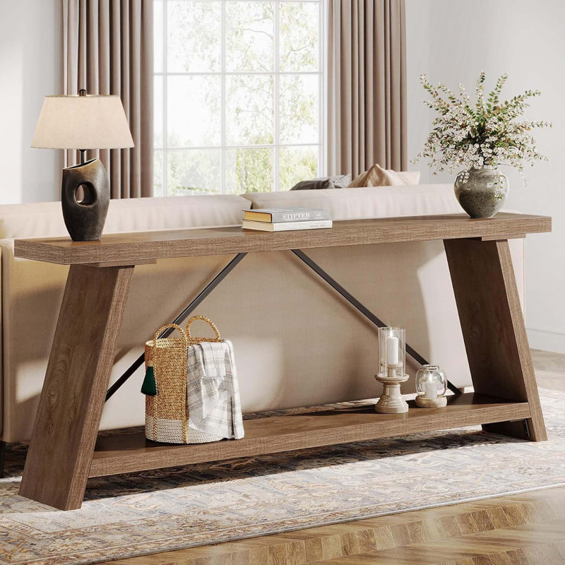 70.9" Extra Long Industrial Console Table Behind Couch With Storage Shelves For Living Room, Foyer, Natural & Light Brown