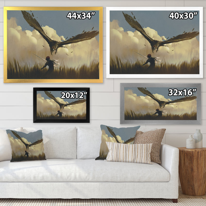 «Video Game Man Versus Eagle», reproduction d'art moderne sur toile, Cadre photo noir, L 12 po x H 8 po