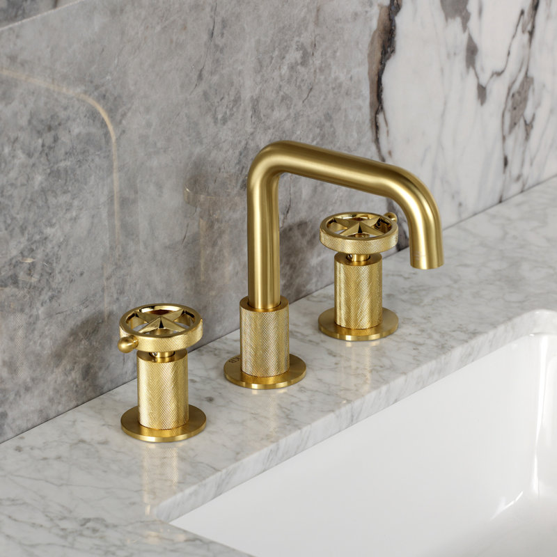Kingston Brass Levante Two-Handle 3-Hole Deck Mount Widespread Bathroom Faucet With Push Pop-Up Drain, Brushed Brass