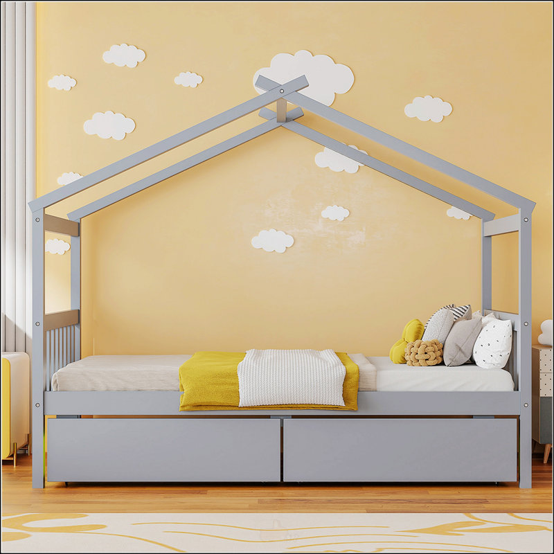 Lit simple en bois avec tiroirs, Gris, Lit simple