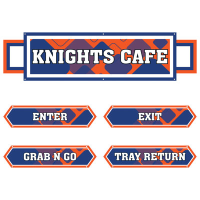 AmTab - Serving-Décor-S03-H-EC - Serving Area Signage (5 pieces) - Style 3 - Knights
Café Sign: 24"W x 72"L
Enter Sign:  8.5"W x 36"L
Exit Sign:  8.5"W x 36"L
Grab N Go Sign:  8.5"W x 36"L
Tray Return Sign:  8.5"W x 36"L