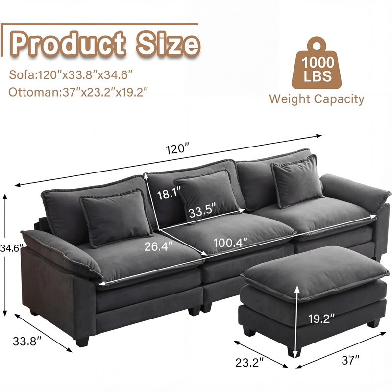 Canapé modulaire modulaire en L 120 po à 4 places avec repose-pieds amovible Modern, Velours gris foncé