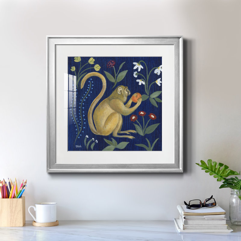 Venezia Monkey Garden I - peinture encadrée, H 22,5 po x l 22,5 po x P 1,5 po, Encadrement argenté