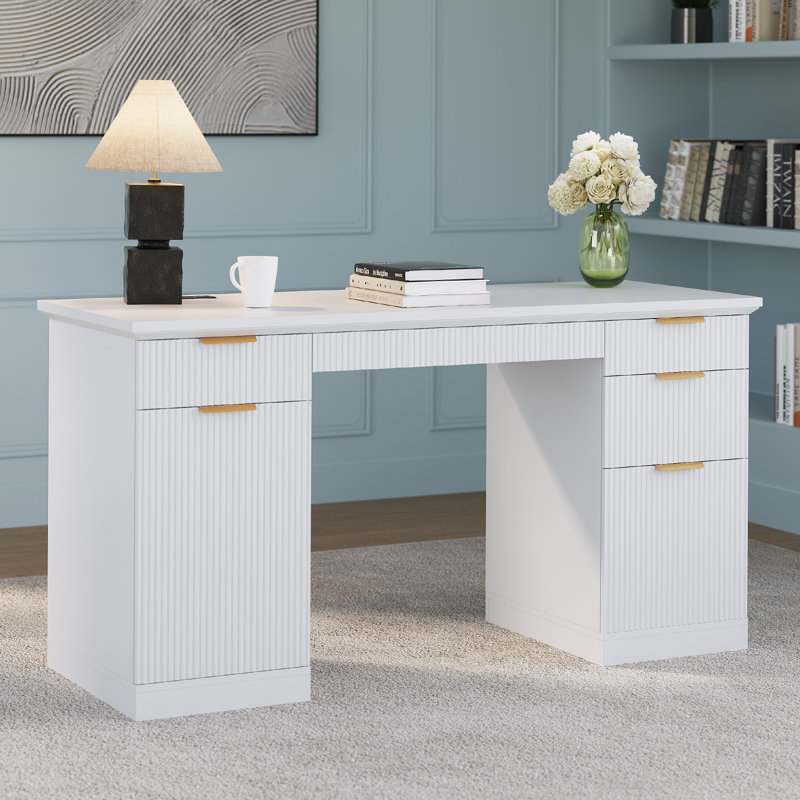 Bureau cannelé moderne avec rangement Ato, Blanc