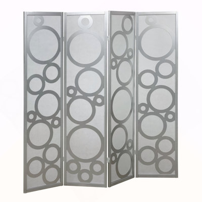 Arvada 4-Panel Wood Room Divider with Circle Pattern, Silver