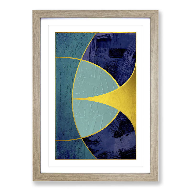 Sweeping Forms Blue Gold - Picture Frame Graphic Art, 90cm H x 65cm W x 2cm D, Oak Framed