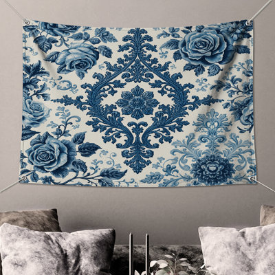 Tapisserie murale damassé florale bleue - Décoration murale florale
