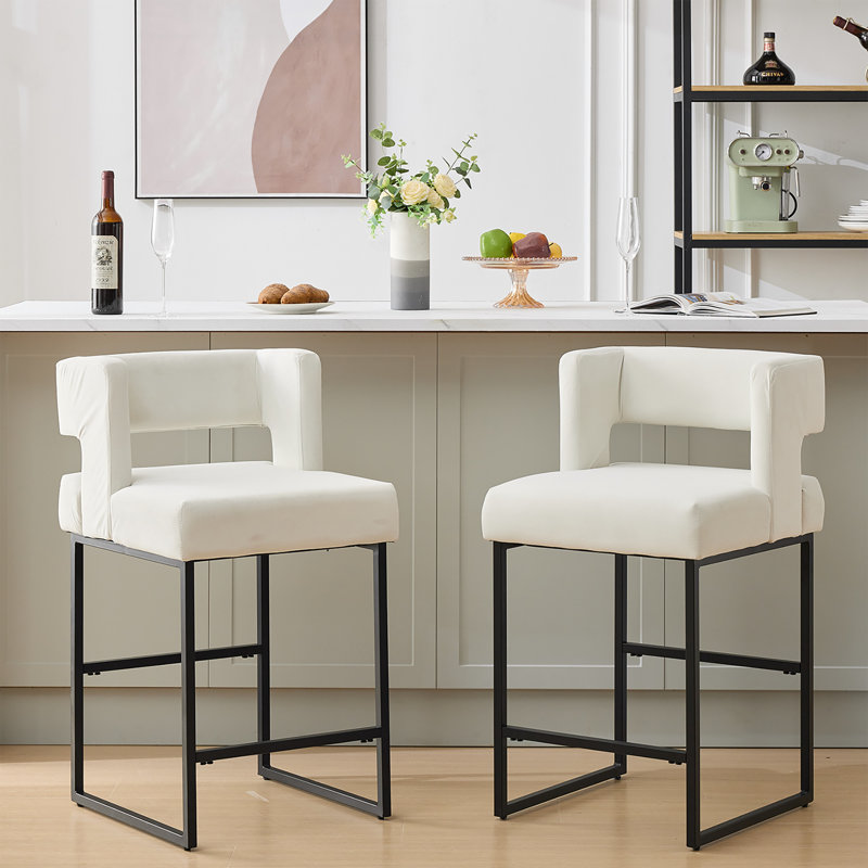 Upholstered 26'' Counter Stool with Metal Frame (Set of 2), White, Black