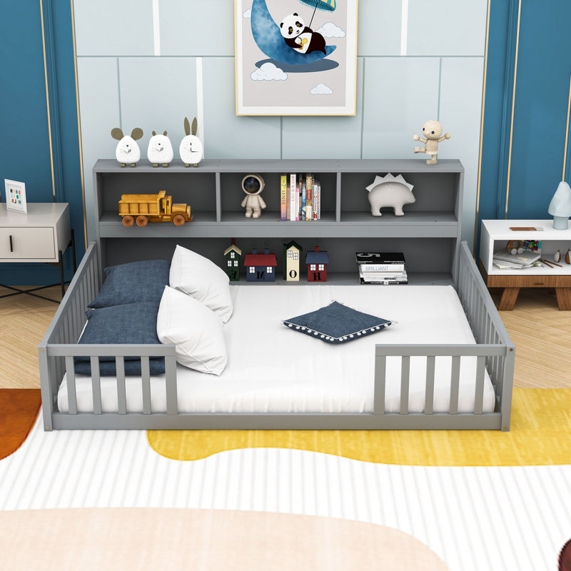 Wooden Floor Bed With Full-Length Shelves, Gray, Full