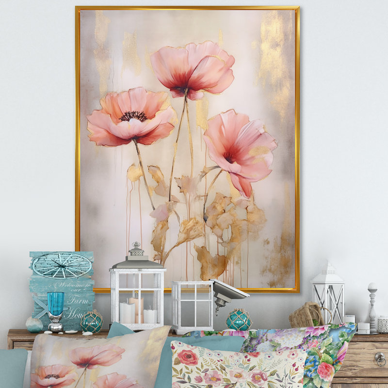 Corail vibrant coquelicots II, H 44 po x l 34 po x P 1,5 po, Cadre flottant doré