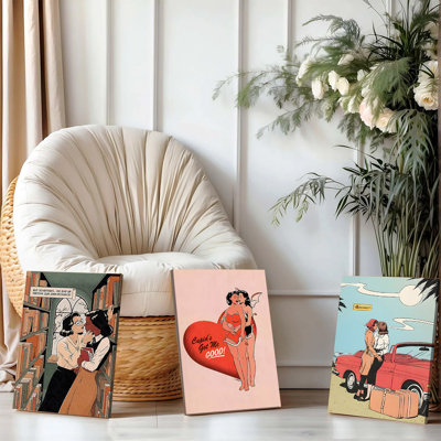 3PCS Wall Arts Posters Framed, Lesbian Artwork Lesbian Couple Canvas Prints Set of 3 Retro Style Lesbian Kissing Wall Art Lesbian Home Decor LGBTQ Dec