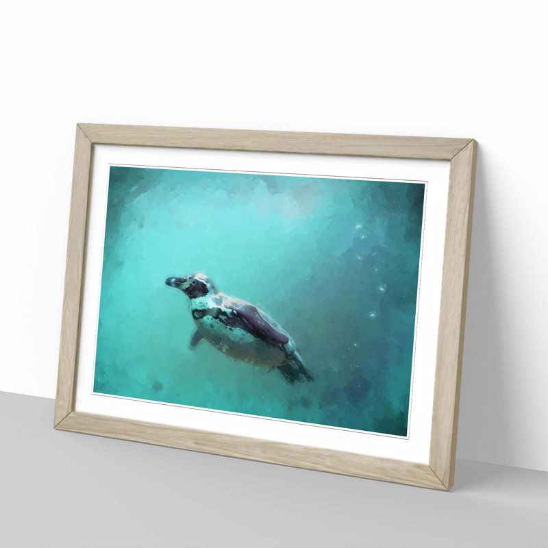 Solo Swimming Penguin in Abstract - Framed Print, Oak Framed, 62cm H x 87cm W x 2cm D