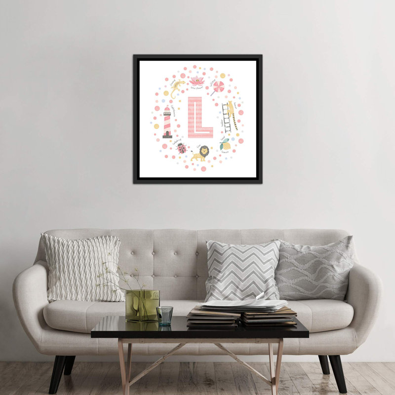 Lettre illustrée L rose - impression, H 37 po x l 37 po x P 1,5 po, Toile avec cadre noir patiné, Aucun mat