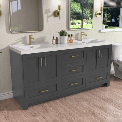 Solid Wood 72" Double Bathroom Vanity Set With Solid Surface Countertop,Pre-Assembled Bath Cabinet Dark Grey