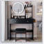 Table de meuble-lavabo à miroir rond de 17 pouces avec tabouret rembourré à DEL, 2 prises CA + 2 prises USB, luminosité réglable, grand bureau, rangement multicouche-1407795257