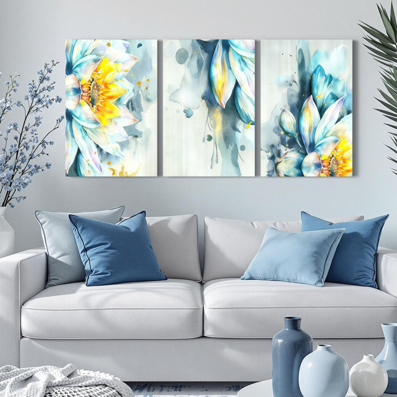 Peinture murale sur toile tendue à l'aquarelle, motif floral de lotus (paquet de 3), H 18 po x l 36 po