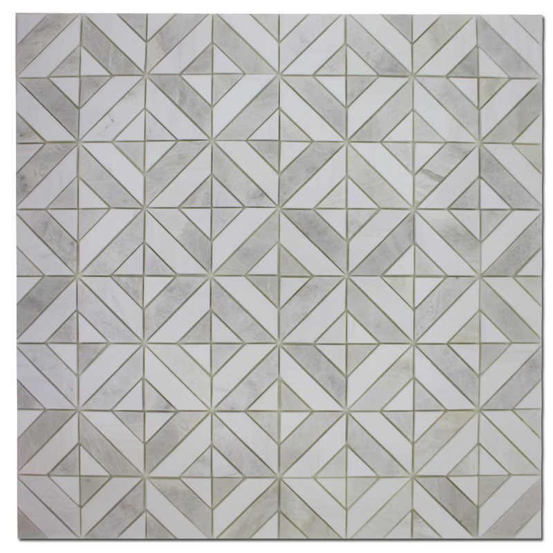3" x 3" Marble Grid Mosaic Tile, White/Gray