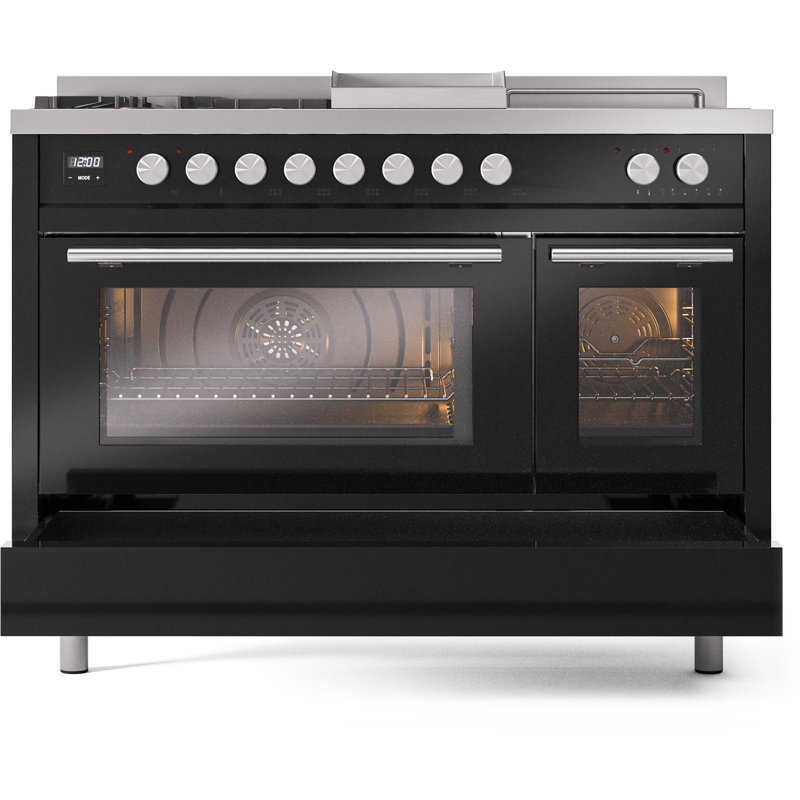 Cuisinière à double carburant ILVE ProfessionalPlus II 48, boutons, Noir lustré, Propane liquide