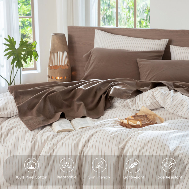 Ensemble de draps MooMee, Ensemble de draps pour grand lit avec 2 taies d'or, Brun