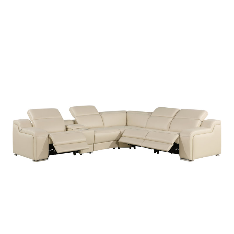 Canapé modulaire inclinable électrique en cuir italien 6 pièces Stanya, Cuir véritable beige