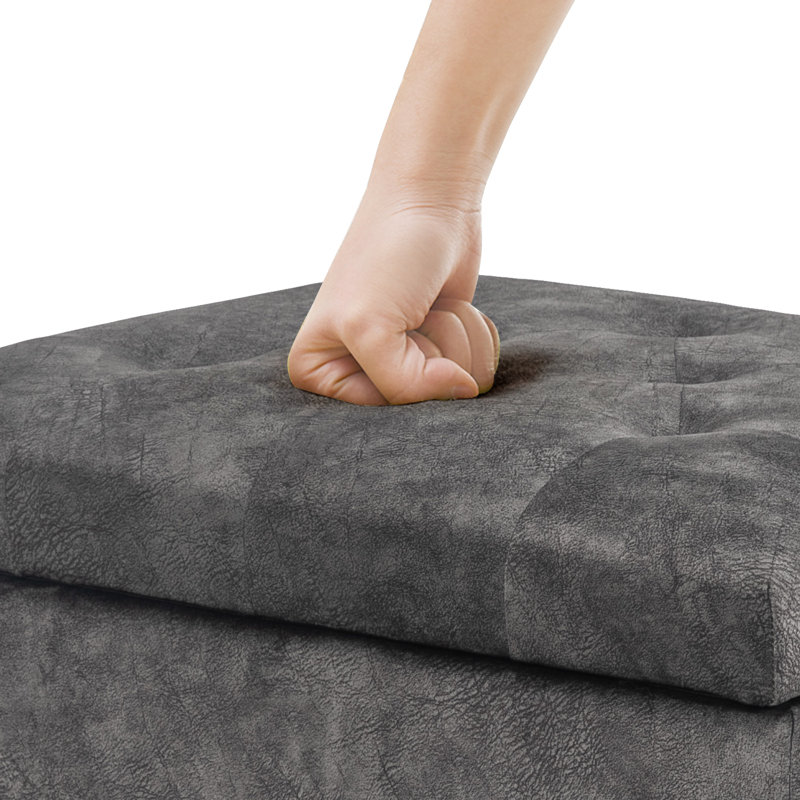 Gray Tufted Fabric Storage Ottoman with Nailhead Trim