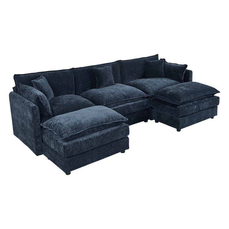 Modern Chenille Loveseat Sofa Couch With Ottoman, Blue Chenille, 33.85" H x 112.2" W x 35.82" D