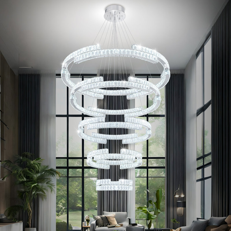 D47''x H118'' Silver 5 Ring Chandelier Large Crystal Chandelier Dimmable 2700k-6000k