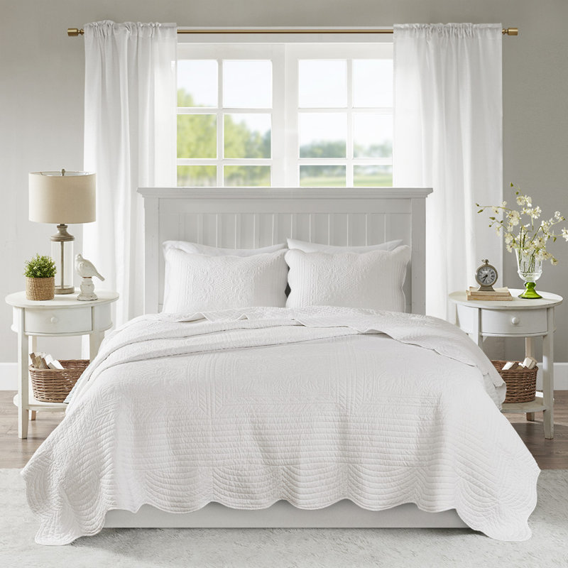 Ensemble de courtepointe réversible 3 pièces à bord festonné blanc / grand blanc | Idée de cadeau, Blanc