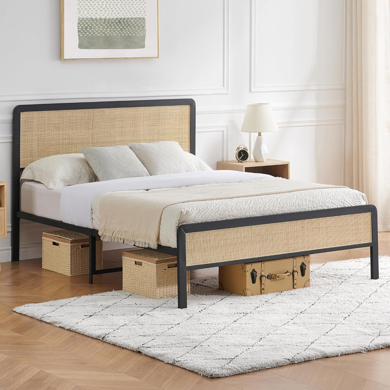 Rattan Queen Size Platform Bed Frame with Natural Cane Headboard, Wood Frame, 80" L x 60" W, Boho Style Bedroom Furniture, Black Finish