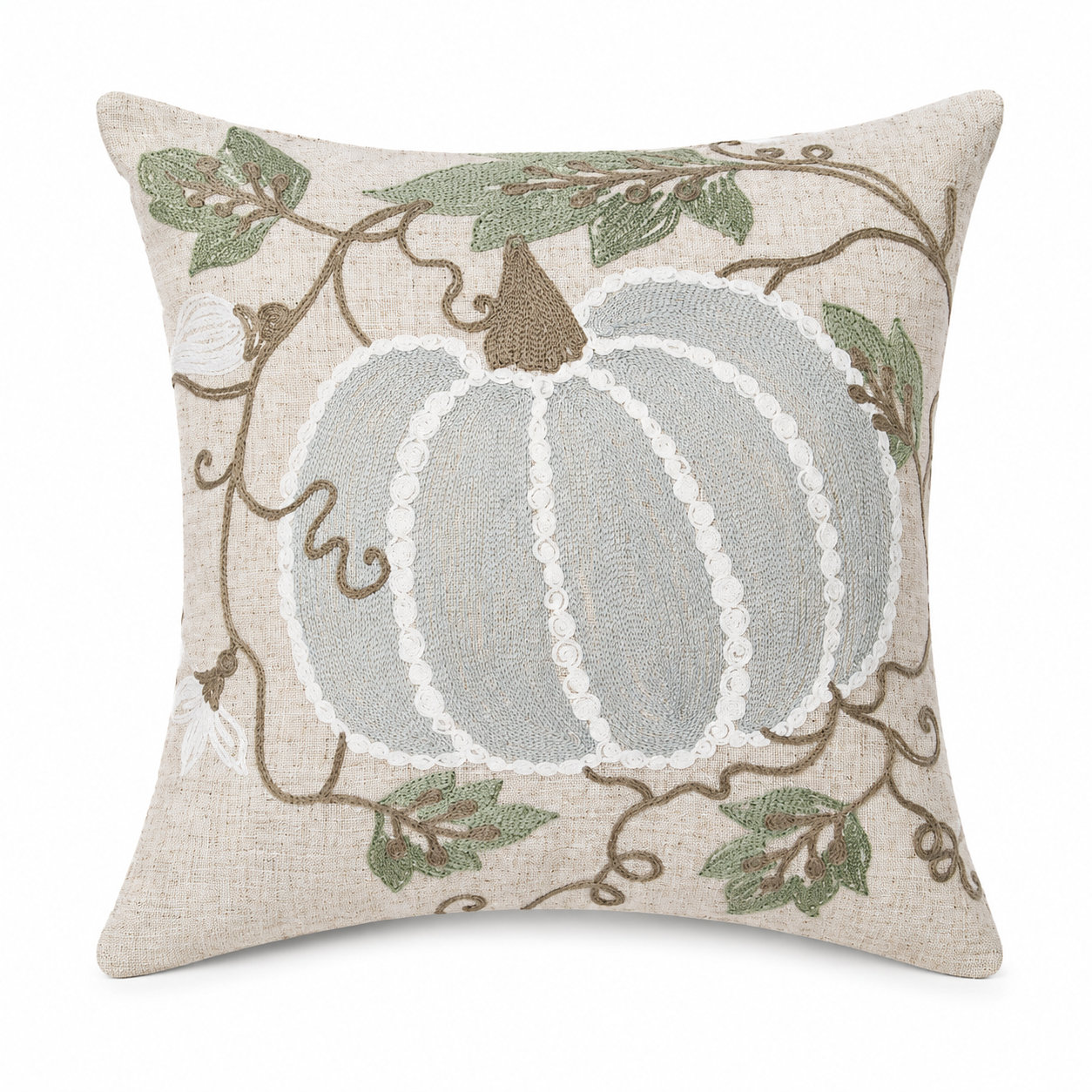 Manor Luxe Pumpkin And Vines Crewel Embroidered Fall Pillow, 14 By 14-Inch | Wayfair