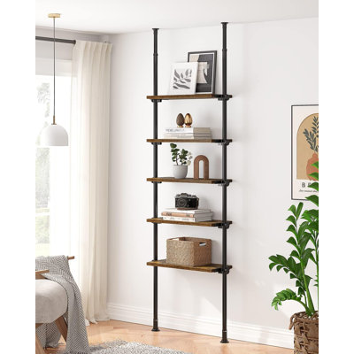 Bibliothèque échelle réglable à 5 niveaux, bibliothèque étroite étroite avec rangement ouvert, fixation par tension du sol au plafond, tablette industrielle en bois pour le salon, 92 à 116 pouces, noir