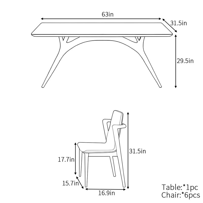 French retro simple rectangular dining table set, 29.50" H x 63" L x 31.50" W 