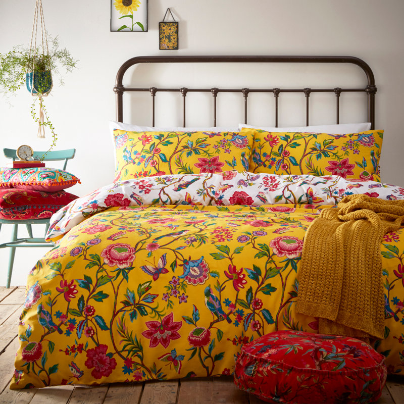 Cotton Blend Floral Duvet Cover Set with Pillowcases Included, Yellow, Super King - 2 Standard Pillowcases