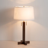 Swiss Cross Table Lamp - Dark Walnut Wood Finish, Weathered Brass, White Linen Shade