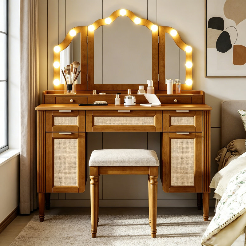 Chic Makeup Vanity Desk with 13 Hollywood Bulbs, 3 Lighting Modes, and Ample Storage for Modern Glamour, Espresso