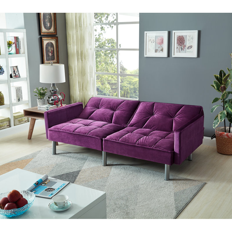 Hemphill 75.5'' Velvet Square Arm Sofa Bed, Purple Velvet